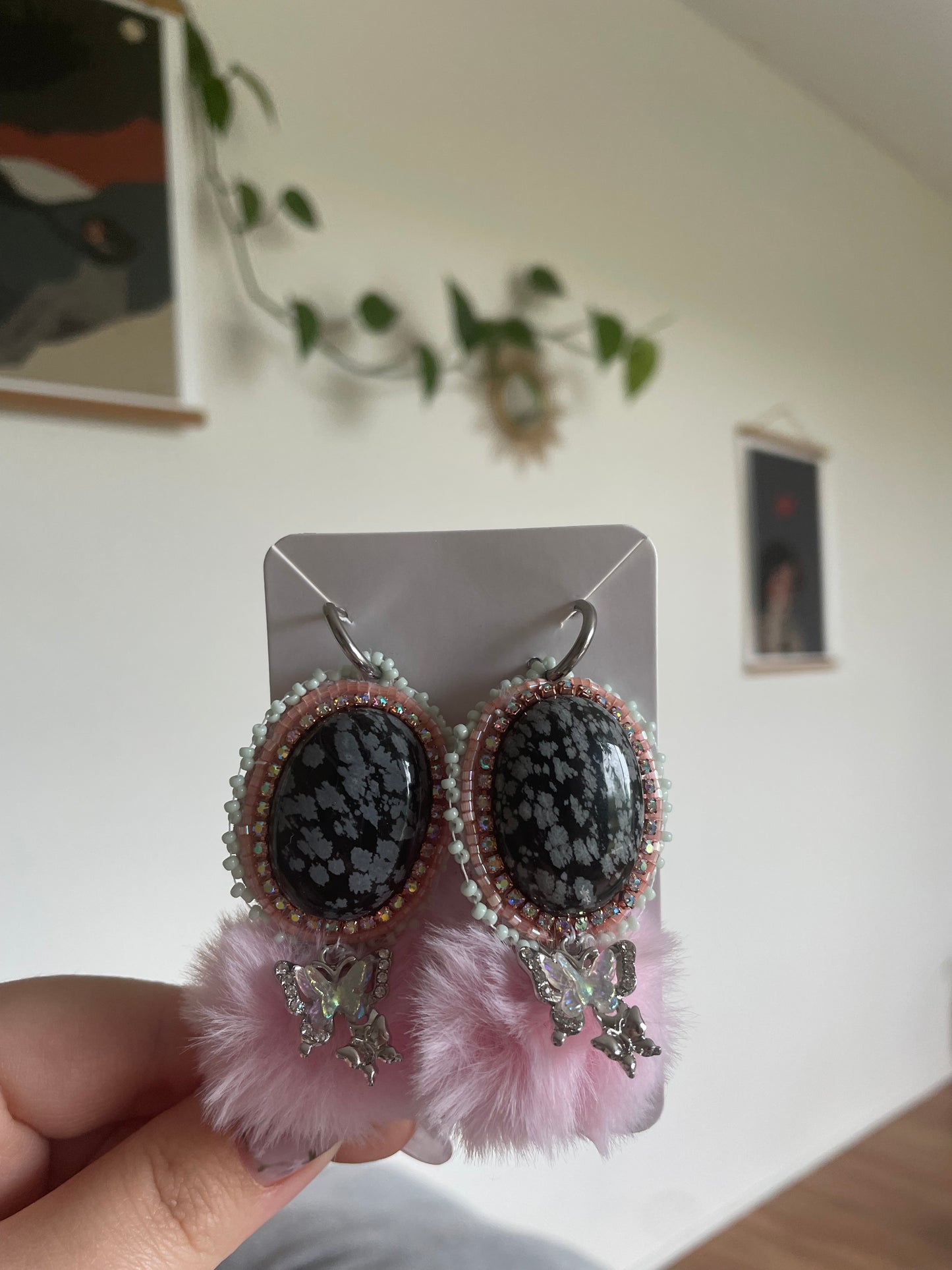 Snowflake obsidian & pink poms